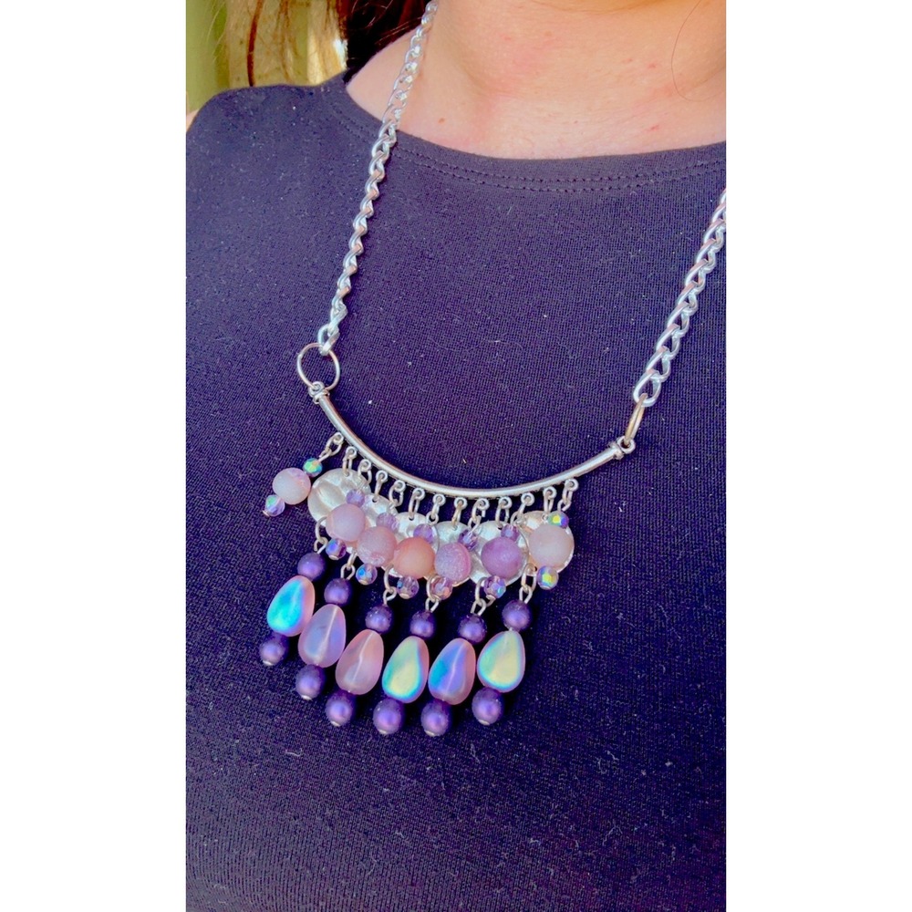 Vintage Handmade Boho Iridescent‎ Fringe Necklace Silver Statement Bib